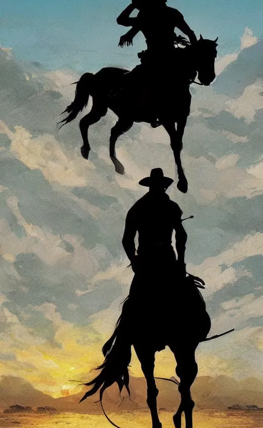 Prompt: a beautiful artwork illustration, silhouette of a man on a horse looking towards the ocean in the distance, high contrast, high saturation, by Greg Rutkowski and Jesper Ejsing and Raymond Swanland, featured on artstation, wide angle, vertical orientation