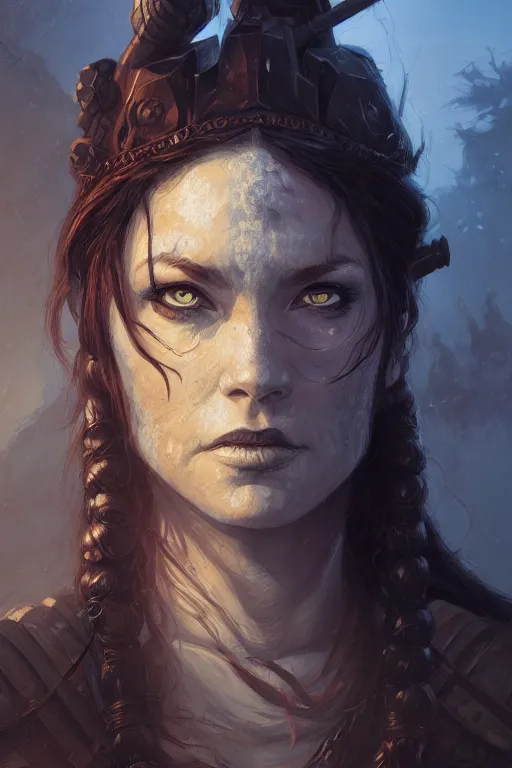 Image similar to head and shoulders portrait of a barbarian, female, high fantasy, dnd, nuri iyem, james gurney, james jean, greg rutkowski, anato finnstark