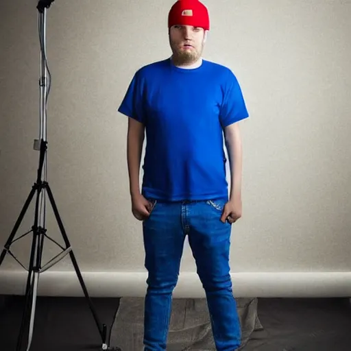 Image similar to a full body shot of an average white, short young - adult man with no beard and blue colored hair, wearing a red backwards cap, white t - shirt with a red no symbol on it, blue long pants and red shoes, holding a microphone, studio lighting, photoshoot, grey background