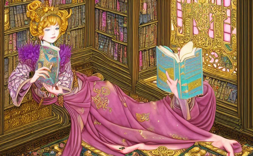 Image similar to a detailed fantasy pastel portrait of a woman wizard in ornate clothing lounging on a purpur pillow on the marble floor in front of her bookcase in a room, reading an ancient tome. to the side is a potted plant. ancient retrofuturistic setting. 4 k key art. raytracing, by chie yoshii and yoshitaka amano.