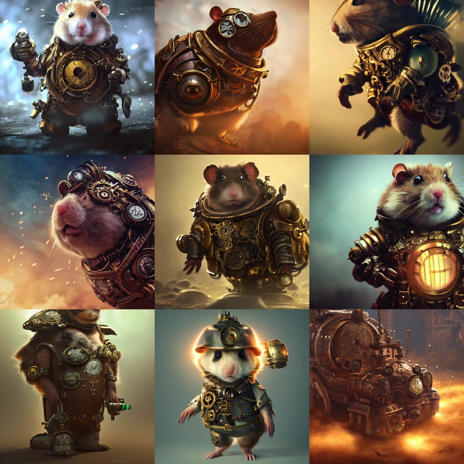 Prompt: hamster in steampunk armor, intricate detail, volumetric lighting, epic composition, hyper detailed, ultra realistic, sharp focus, octane render, volumetric, ray tracing, artstation trending, cgsociety, sense of awe, 4 k