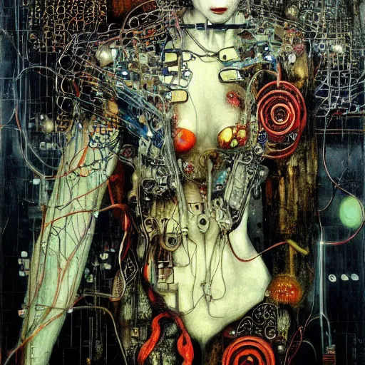 Image similar to depraved cybernetic vampire trapped in circuitry, intricate detail, miro, royo, whealan, klimt,