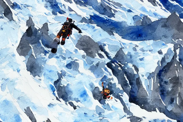 Image similar to diving from the top of mount everest. Film watercolor, artstation, highly detailed. Sharp, 8k