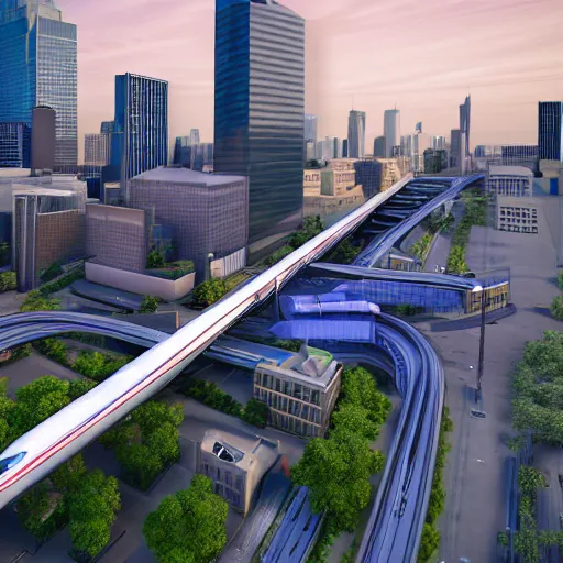 Image similar to a maglev train running high above the streets of downtown minneapolis featuring the IDS center and the US Bank stadium and the Mississippi River, render, photo, 4k, ultrarealistic, unreal maya