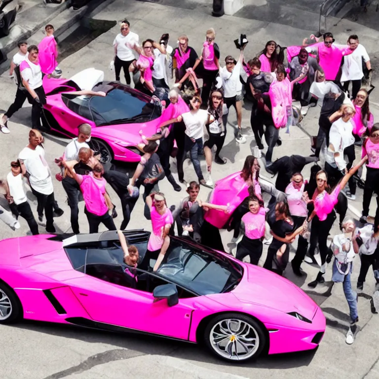 Image similar to a group of people carrying a pink lamborghini