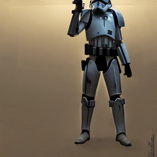 Image similar to a wide shot of an imperial stormtrooper in battle position ready to shoot his blaster concept art by Doug Chiang cinematic, realistic painting, high definition, very detailed, extremely high detail, photo realistic, concept art, the Mandalorian concept art style