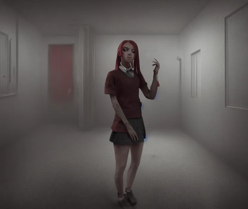 Image similar to School girl standing on an abandoned hospital room with red ceiling lighting, gloomy and foggy atmosphere, octane render, artstation trending, horror scene, highly detailded