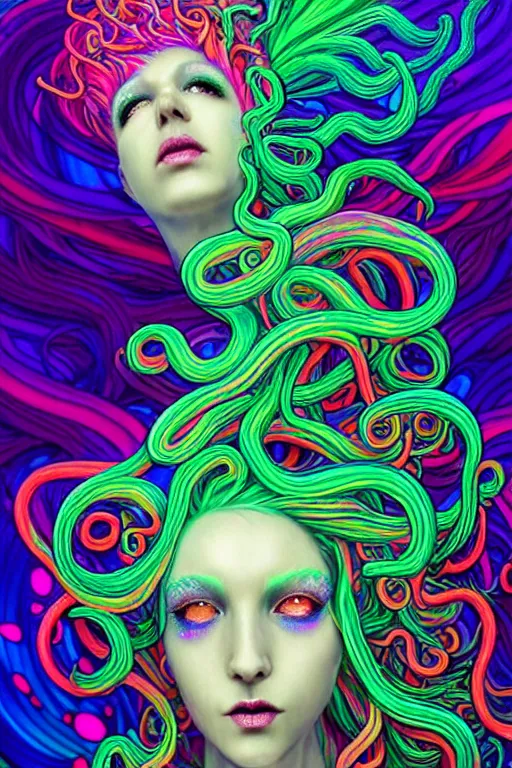 Image similar to A sea goddess with neon tentacles hair having an extremely colorful psychedelic experience, warping time and space, magic mushrooms, psilocybin, LSD, face, detailed, intricate, elegant, highly detailed, digital painting, artstation, concept art, smooth, sharp focus, illustration, art by Krenz Cushart and Artem Demura and alphonse mucha, Octane render, unreal engine, 8K