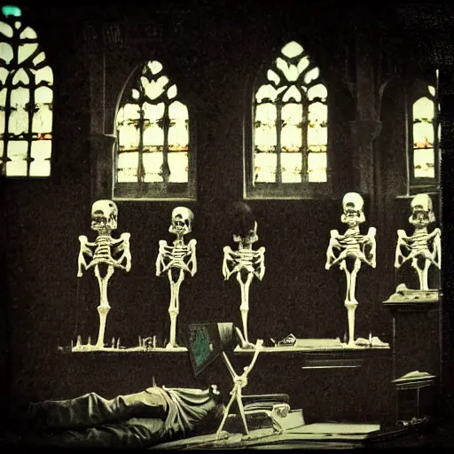 Prompt: photojournalism, old victorian photo, atmospheric, Victorian, Terminator machine skeleton people praying in church made of impossible geometry, colorful