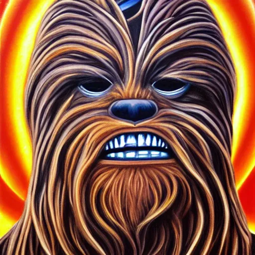 Image similar to A painting of chewbacca thinking designed by alex grey, flooko, etheral, detailed, glows,