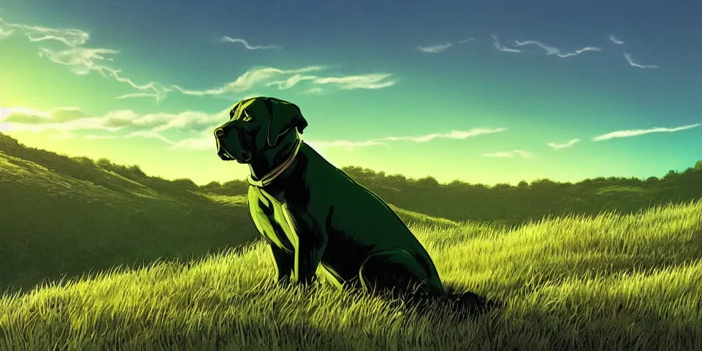 Prompt: hyperrealist, graphic novel illustration of a bulky green alien labrador retriever with shaggy green fur with green dye sitting on a grassy hill, dramatic sunset, pulp 7 0's sci - fi vibes, 9 0's hannah barbara fantasy animation, cinematic, movie still, studio ghibli masterpiece