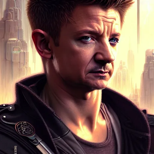 Prompt: portrait painting of a cyberpunk elven cop who looks like jeremy renner, ultra realistic, concept art, intricate details, eerie, highly detailed, photorealistic, octane render, 8 k, unreal engine. art by artgerm and greg rutkowski and charlie bowater and magali villeneuve and alphonse mucha
