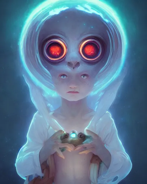 Image similar to one singular portrait of a cute bioluminescent baby creature with big glowing eyes, highly detailed, digital painting, cinematic, hyper realism, dark retrowave, art by studio ghibli and magali villeneuve and Alphonse Mucha, artstation, octane render, cgsociety