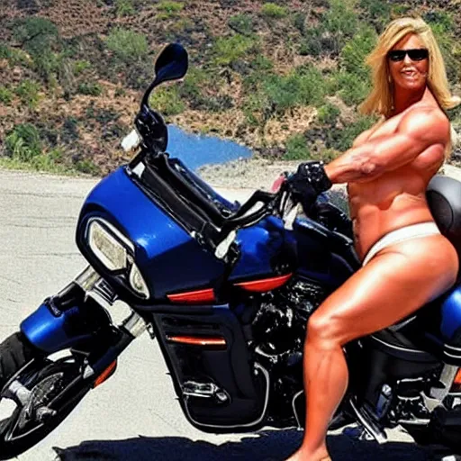 Image similar to perfect photo of extremely muscular Donald Trump in a Speedo, riding a Harley, very attractive woman on his motorcycle with him