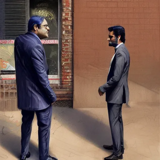 Image similar to portrait of tall indian man in a suit arguing with danny devito outside a bar, elegant, real life skin, intricate artwork, high detailed, artstation, concept art, smooth, sharp focus, art by artgerm and greg rutkowski