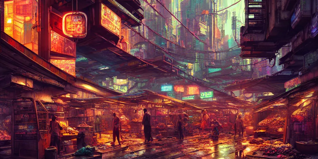 Image similar to an intricate concept art of a market slum inside a megastructure city, cyberpunk neon light district, sci-fi, cinematic lighting, hyper realistic, art by dylan cole, detailed matte painting, digital art, sci-fi film color palette