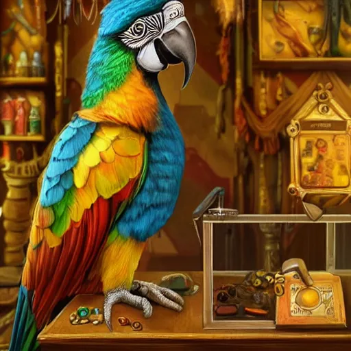 Prompt: A Anthropomorphized parrot trader in his shop, selling his wares, portrait, items, gold, carpet, window, sly expression, cunning expression, presenting wares, holding a gold bag, D&D, fantasy, intricate, cinematic lighting, highly detailed, digital painting, trending on artstation, concept art, smooth, sharp focus, illustration, warm light, cozy warm tint, magic the gathering artwork, volumetric lighting, 8k, art by Akihiko Yoshida, Greg Rutkowski