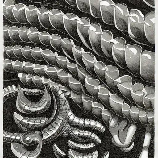 Prompt: The invasion of the iridescent flying mollusks, cnidarians in the antigravitational labyrinth brutalist city. Artwork by Escher, Walton Ford