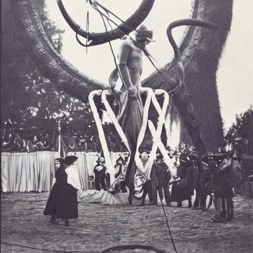 Image similar to giant octupus performing on a circus, 1 9 2 0, vintage photography, colored, realistic