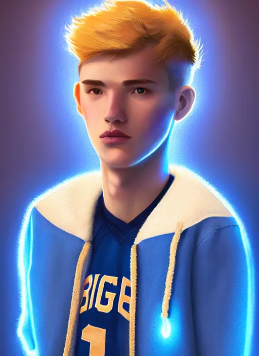 Image similar to portrait of high school senior boy named big moose, blonde short hair, jock, beefy, wide face, square jaw, square facial structure, blue varsity jacket with letter r, intricate, elegant, glowing lights, highly detailed, digital painting, artstation, concept art, sharp focus, illustration, art by wlop, mars ravelo and greg rutkowski