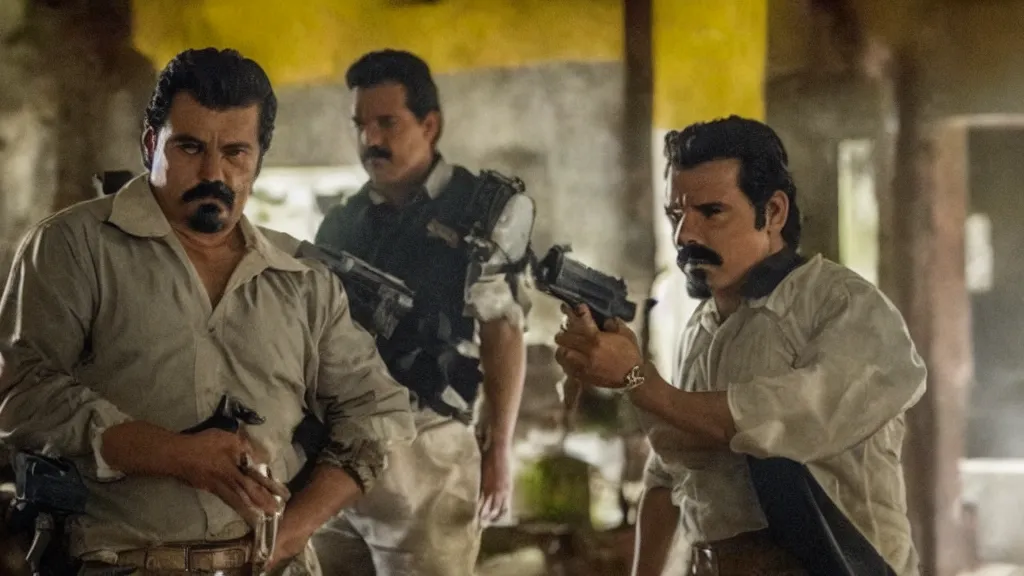 Prompt: A still of the drug kingpin El Mencho in the Narcos: Mexico TV show, yellow lighting