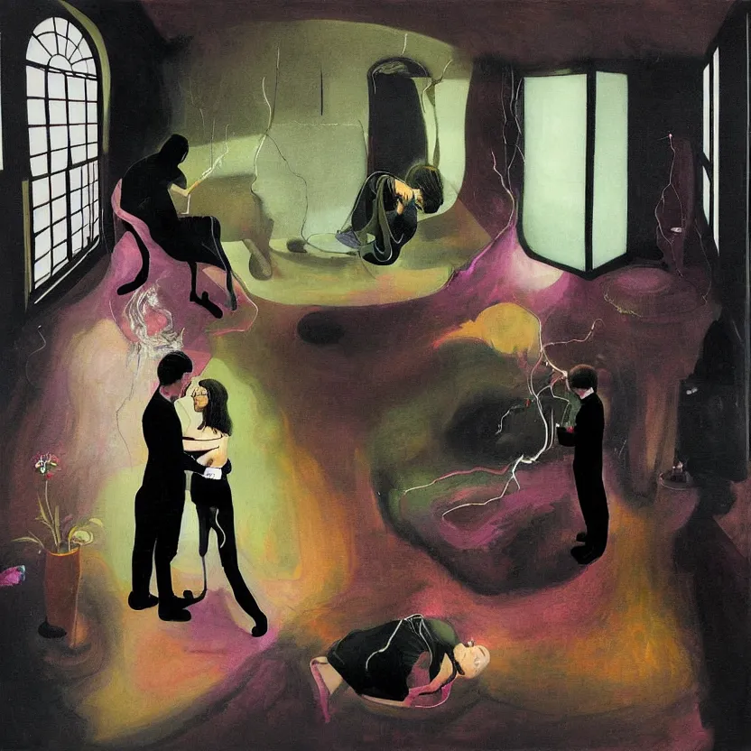 Image similar to Portrait of man and woman feeling love in the living room of a house, floating dark energy surrounds them. There is one plant to the side of the room, surrounded by a background of dark cyber mystic alchemical transmutation heavenless realm, fish eye lens, cover artwork by francis bacon and Jenny seville, midnight hour, part by adrian ghenie, part by jeffrey smith, part by josan gonzales, part by genieve figgis, part by norman rockwell, part by phil hale, part by kim dorland, artstation, highly detailed