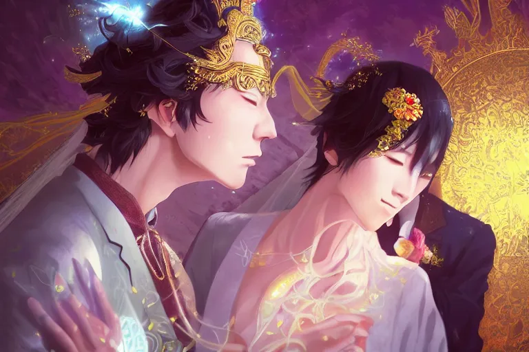 Image similar to a dreamlike portrait of wedding photograph close up moment of a divine a taiwan sun god and moon goddess lovers magician at a wedding banquet. portraiture. digital painting. artstation. concept art. fantasy wedding photo. digital painting, 8 k realistic, hyper detailed, by makoto shinkai and akihiko yoshida and hidari and wlop