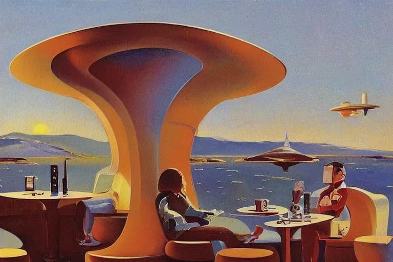 Image similar to coffee shop in a spaceship by robert theodore mccall