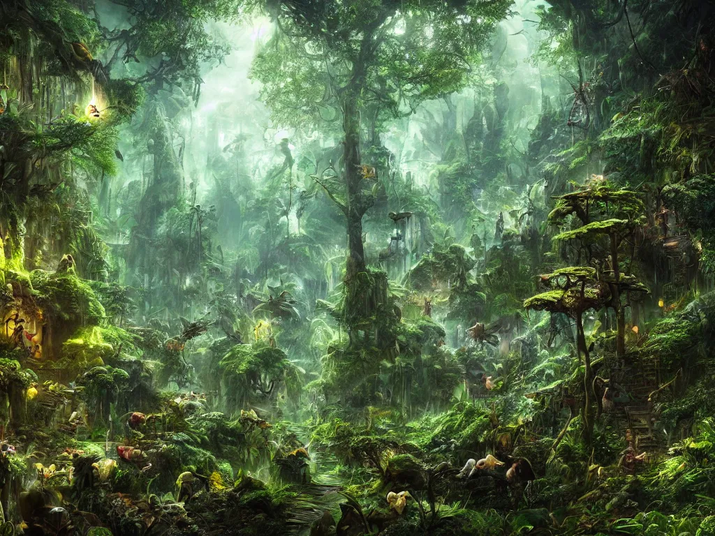Prompt: a fantasy beautiful dense biorelevant rainforest setting, ultrawide angle, glowing animals surround it with pixie dust ether floating in the air, hdr, epic scale