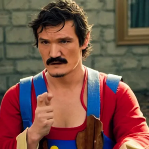 Prompt: Pedro pascal as super Mario, cinematic movie, dramatic scene, Martin Scorsese film