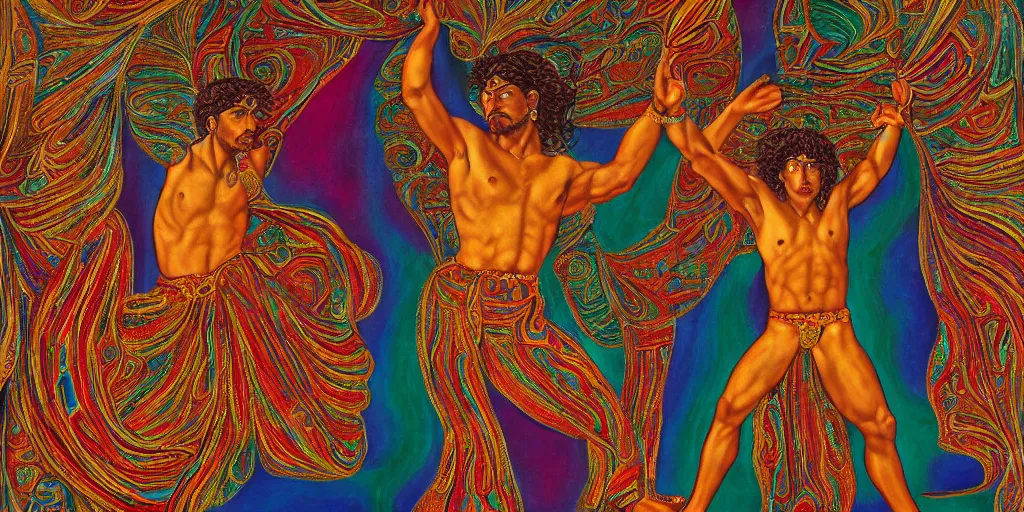 Image similar to an abstract spiritual background, portrait of a virile latino greek god dancing. 2 4 mm, photorealistic, muted color scheme, directed by mati klarwein