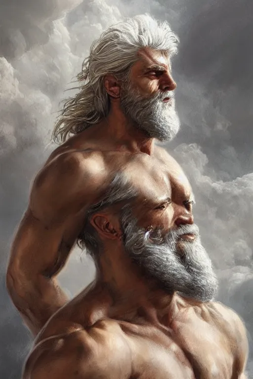 Image similar to painted portrait of rugged zeus, god of thunder, greek god, white hair, masculine, mature, handsome, upper body, muscular, hairy torso, fantasy, intricate, elegant, highly detailed, digital painting, artstation, concept art, smooth, sharp focus, illustration, art by gaston bussiere and greg rutkowski