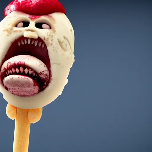 Image similar to ice cream popsicle shaped like screaming chucky doll, octane render, ultrarealistic, centered