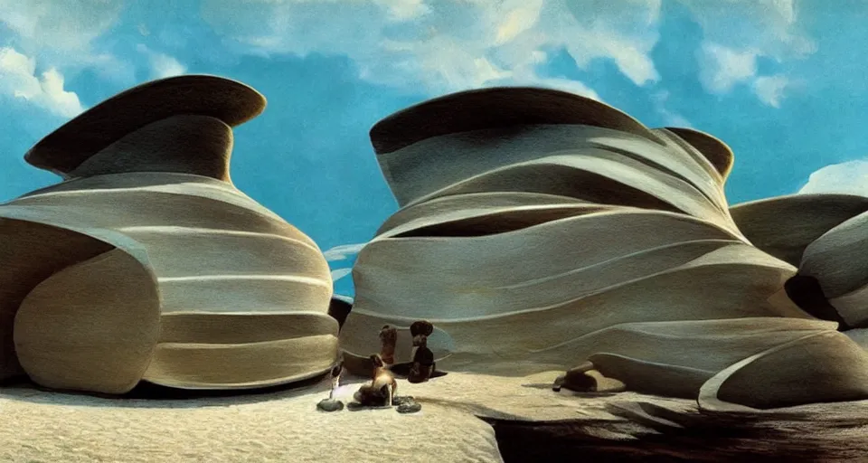 Image similar to seashell house where a hermit girl lives, atmospheric cinematography by syd mead and emmanuel lubezki