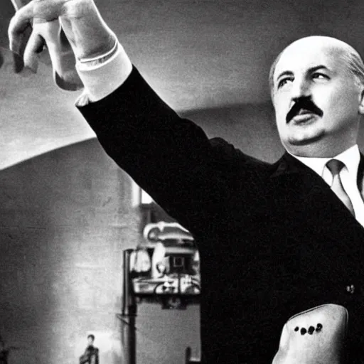 Image similar to Alexander Lukashenko in Dr. Strangelove or: How I Learned to Stop Worrying and Love the Bomb, cinematic still