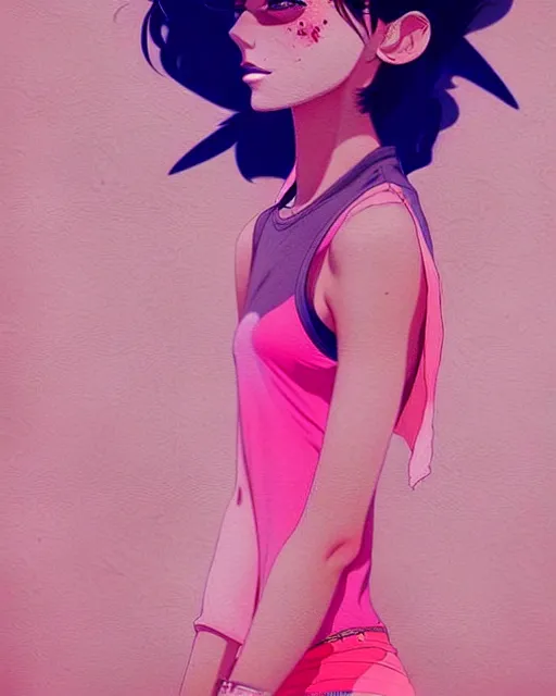 Prompt: a ultradetailed beautiful painting of a stylish woman in a pink tank top, by conrad roset, greg rutkowski and makoto shinkai trending on artstation