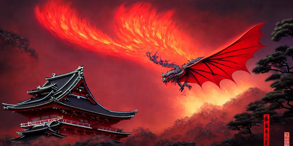 Prompt: Stunning Portrait of A Red dragon flying above a Feudal Japan temple during a fire works festival at night by Kim Jung Gi, Blizzard Concept Art Studio Ghibli. oil paint. 4k. by brom, Intense fireworks by Ross Tran, Greg Rutkowski, Mark Arian, soft render, octane, highly detailed painting, artstation