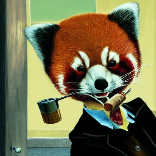 Prompt: Portrait of an anthropomorphic Red Panda crime boss smoking a cigar in a police cell. Very high quality. Drawn by James Christensen