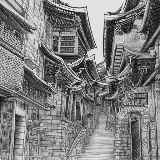 Image similar to High detailed sketch of korean city street, pencil drawing, traditional buildings, joseon era, black and white, artstation, extreme detail