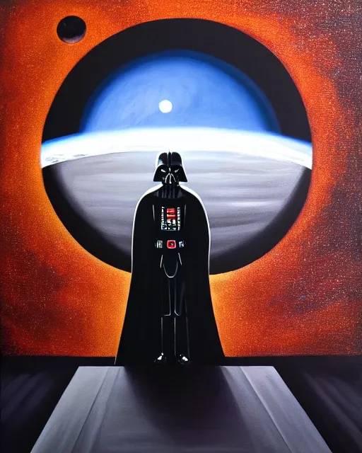 Prompt: acrylic painting portrait of darth vader looking through a large window into outer space with a large planet visible, view from behind, high production value, intricate details, high resolution, hdr, high definition, masterpiece, realistic, ultrarealistic, highly detailed, hd, sharp focus, non blurry, sharp, smooth