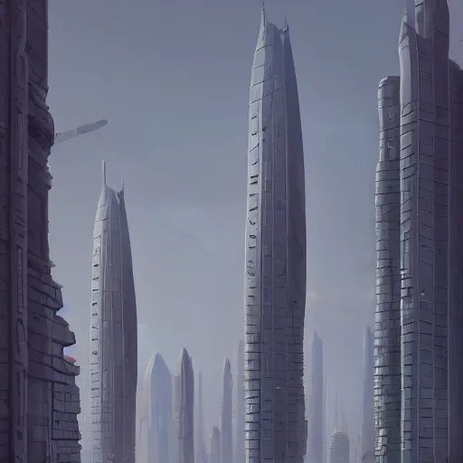 Image similar to tall futuristic buildings by Raphael Lacoste and Simon Stålenhag