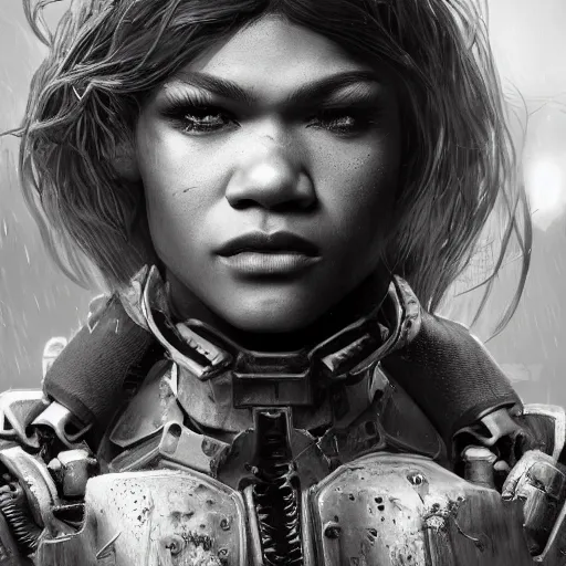 Image similar to zendaya portrait, dystopia core, apocalyptic, armor, warrior, dramatic, sharp focus, fiction, neon, fantasy, hyper detailed, digital art, trending in artstation, cinematic lighting, studio quality, smooth render, unreal engine 5 rendered, octane rendered, art style and nixeu and wlop and krenz cushart