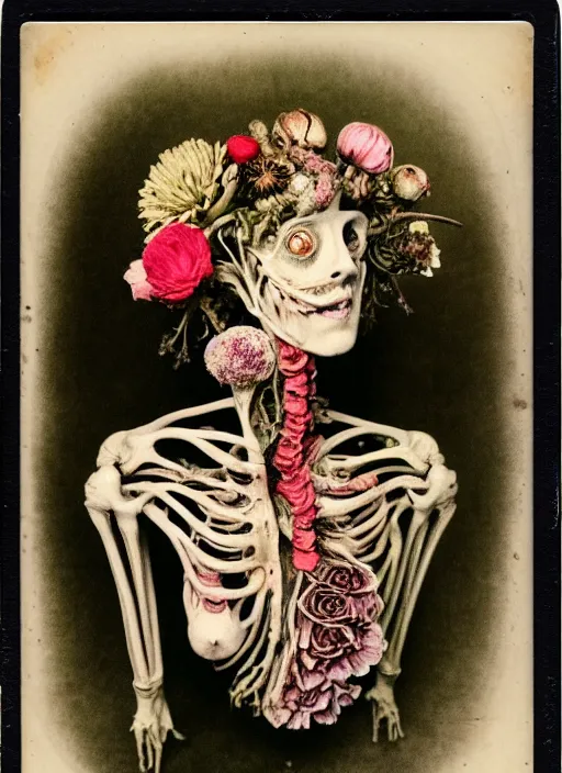 Prompt: beautiful and detailed rotten woman made of plants and many types of stylized flowers like carnation, chrysanthemum, roses and tulips, anatomica, intricate, organs, ornate, surreal, john constable, guy denning, gustave courbet, caravaggio, romero ressendi 1 9 1 0 polaroid photo