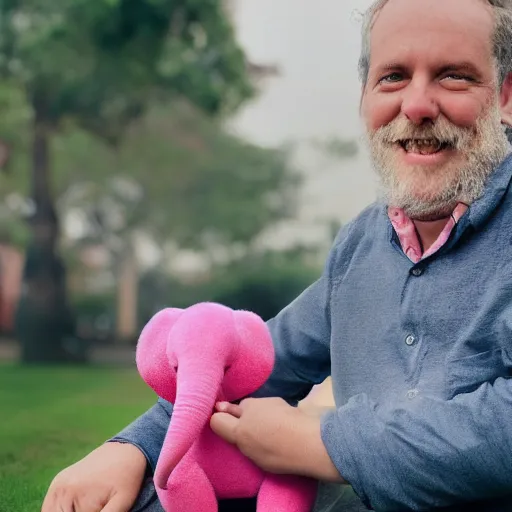 Image similar to Photo of a man on a chair with his pink miniature elephant on his lap