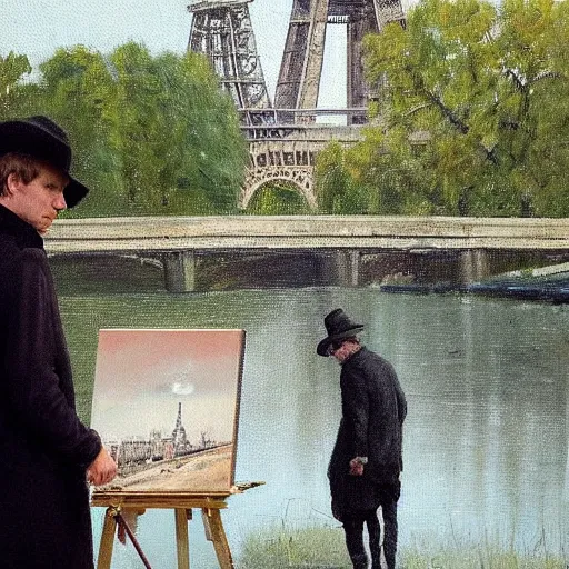 Prompt: artist Ewan McGregor is painting a painting by the river bank. We can see his back. He is a gentleman and wears a bowler hat, He is an artist, on background there is Eiffel tower, on his feet is lying a brown cat, by d'Édouard Cortès