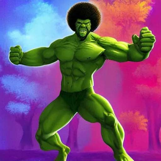 Image similar to photomanipulation of BOB ROSS as hulk, marvel, he is drawing a canvas