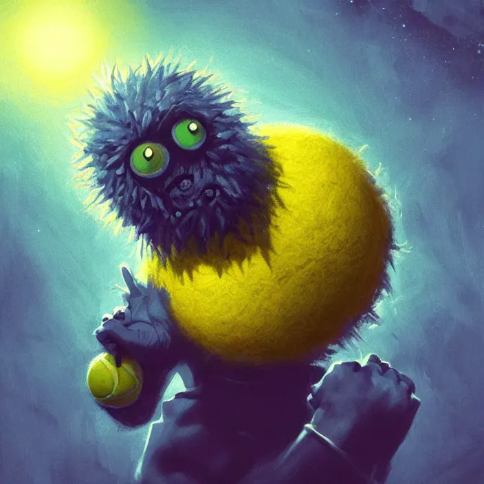 Image similar to cinematic portrait of a cute tennis ball monster in the abyss of space, chalk, masterpiece, trending on artstation, featured on pixiv, cinematic composition, dramatic pose, beautiful lighting, sharp details, hyper - detailed, hd, hdr, 4 k, 8 k, art by basil gogos