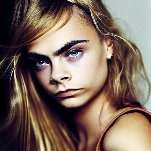 Image similar to photo of a gorgeous 20-year-old Cara Delevingne with 1990s hairstyle by Mario Testino, detailed, head shot, award winning, Sony a7R -