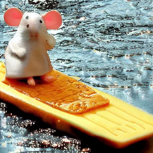 Image similar to mouse on a raft made of cheese floating down the river