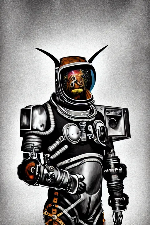 Image similar to a portrait of a muscular anthropomorphic cyberpunk highland cattle space mechanic in spacesuit armor with ensignia on chest plate by sandra chevrier, by jon foster, detailed render, pistol in holster, tape deck, epic composition, cybernetics, 4 k realistic, cryengine, realistic shaded lighting, sharp focus, masterpiece, by enki bilal